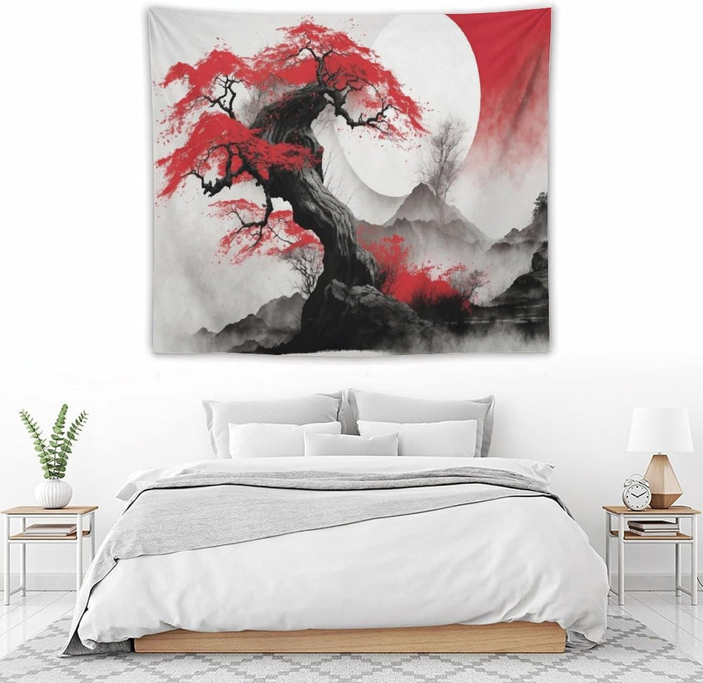 Cherry Blossoms Tapestry,Japanese Red Landscape Asian Watercolor Abstract Art Tapestry,Japanese Wall Tapestry, Nature Landscape Tapestries for Bedroom Living Room Decor 60"x50"