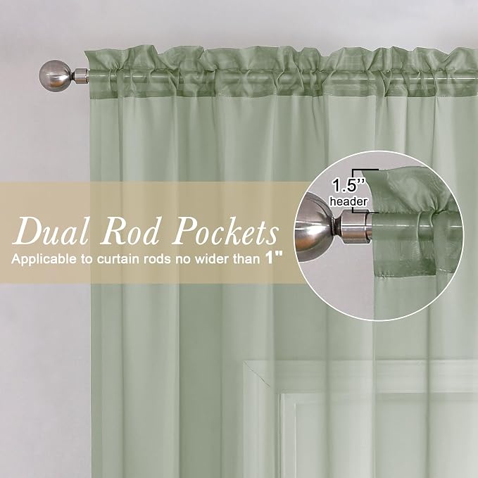 Sage Green Short Sheer Curtains 14 Inch Length 2 PCS, Cafe Kithen Curtains - Image 2