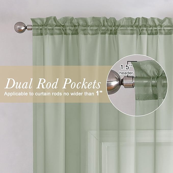 Sage Green Sheer Curtains 45 Inch Long 2 Panels, Short Voile Drapes - Image 2