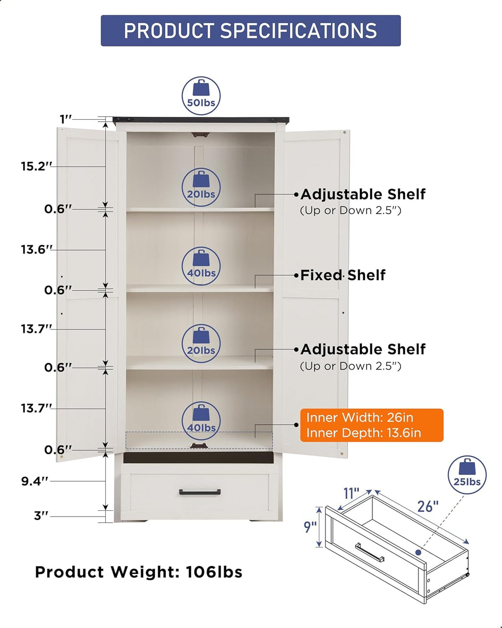 72" Tall Wood Storage Cabinet, Farmhouse Kitchen Pantry Cabinet with Adjustable Shelves & Drawer & Barn Doors, Versatile Storage for Kitchen, Dining Room, Bathroom, Antique White