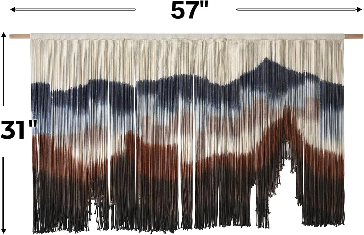 Flber Large Macrame Wall Hanging 57" W x 31" L Handmade Dip Dye Tapestry Bohemian Fiber Art Wall Hanging Mountain Inspired Wall Tapestry Neutral Rustic Wall Decor for Bedroom Living Room