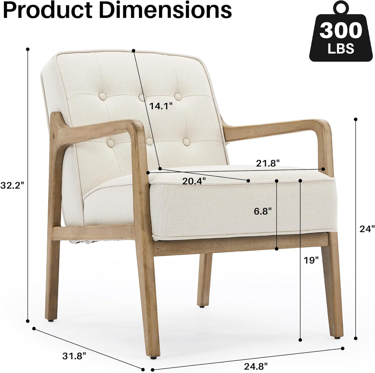 Linen Accent Chair, Mid Century Modern Chair for Living Room, Upholstered Comfy Lounge Armchair with Solid Wood Frame, Reading Side Chair for Bedroom,105°Ergonomic Comfort, White
