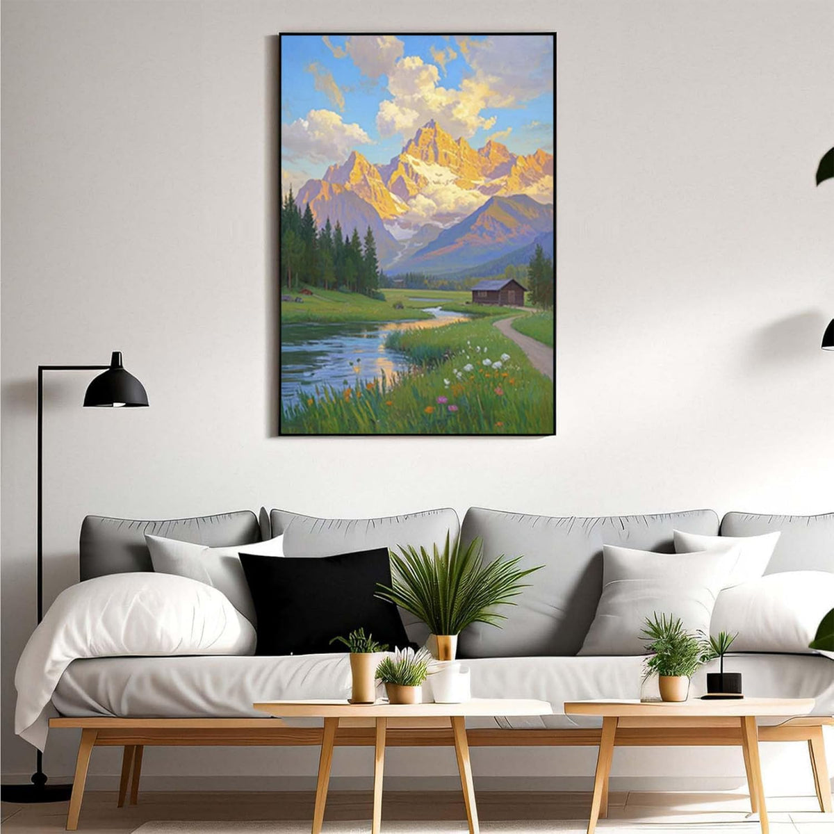 The mountain stream and lawn scenery under the sun is suitable for posting in the living room bedroom office landscape poster wall painting