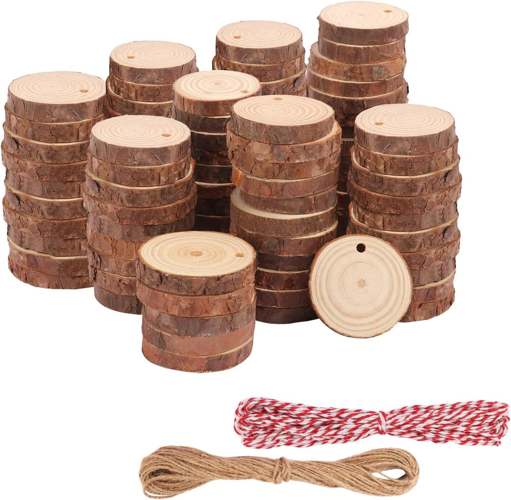 120 PCS 2-2.4 Inch Unfinished Wood Slices, Natural Wood Slices, Predrilled with Hole Wood Slice for DIY Arts Craft Christmas Ornaments