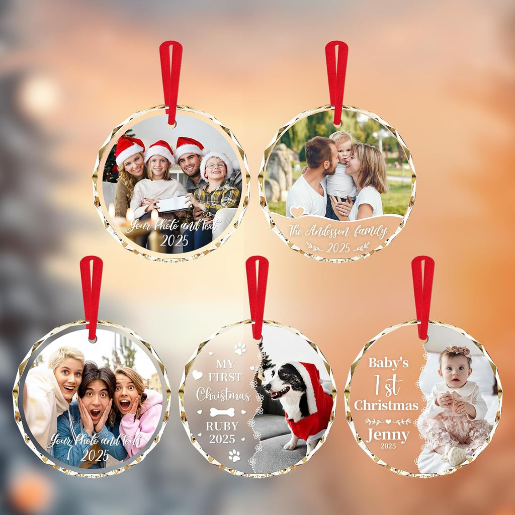 Personalized Christmas Ornaments 2025 with Photo & Text - Customized Crystal Glass Christmas Tree Decor Gifts for Family, Couples, Pets, Baby’s First Xmas – 6 Heart/Round Designs