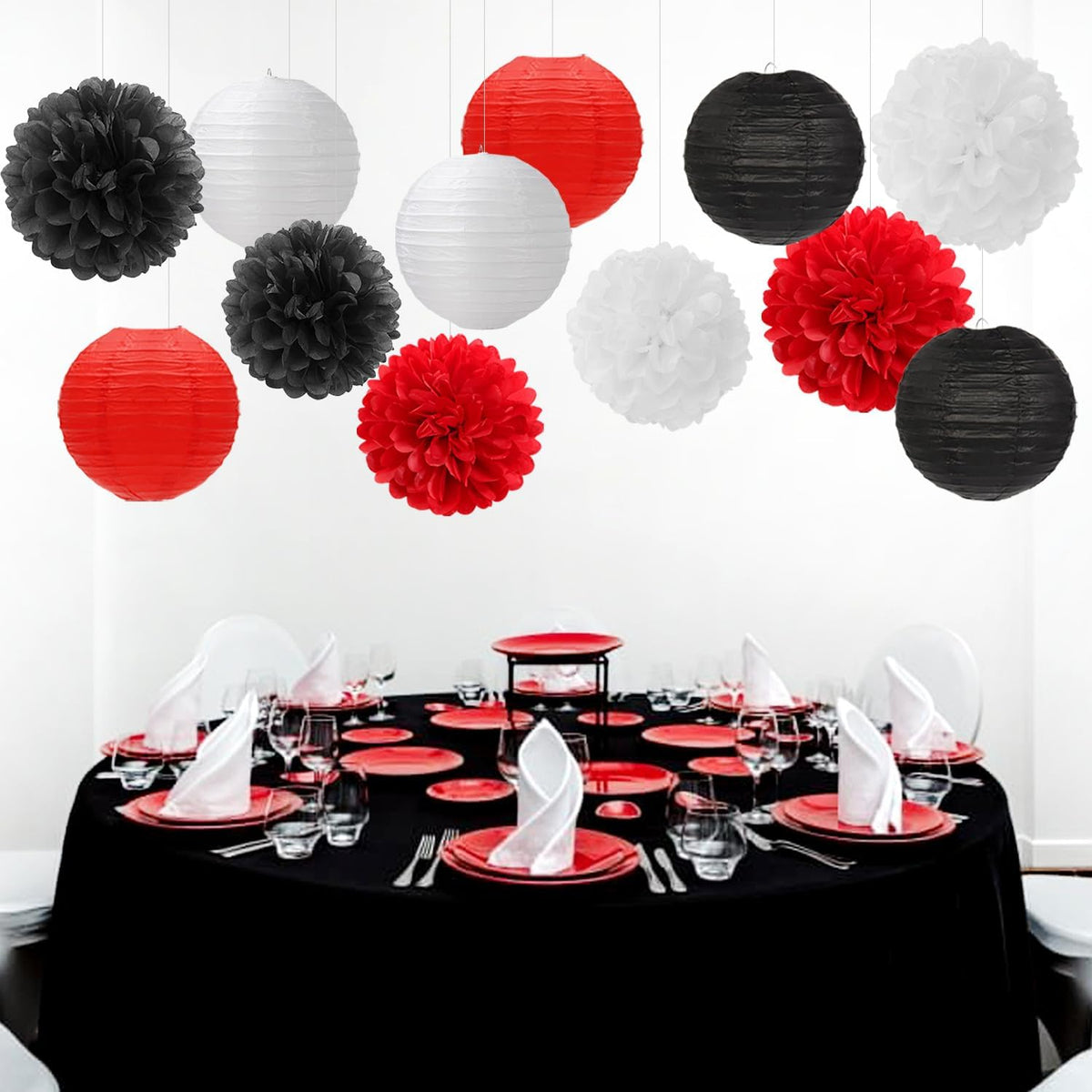 Red-Black White Party-Decorations Paper Flowers Lanterns - 15PCS Halloween Birthday Tissue Pom Poms Streamers,Wedding Baby Bridal Shower Hanging Supplies Decor Hugfond