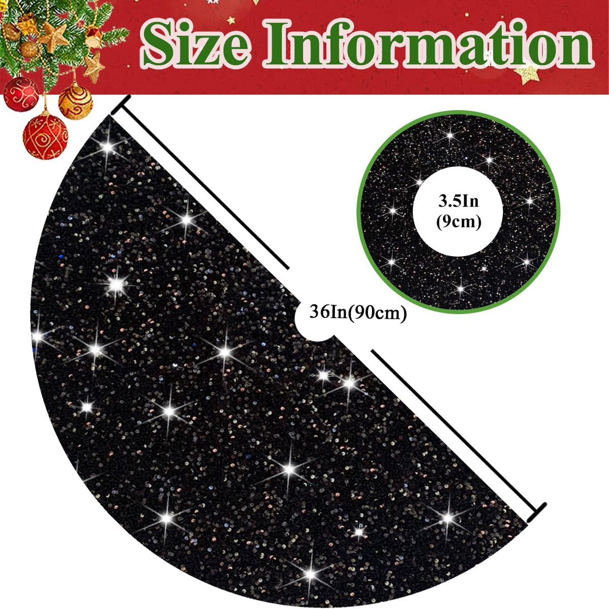 Christmas Tree Skirt 36 Inch Black Xmas Tree Skirt Soft Fabric Christmas Tree Skirts Santa Tree Decorations for Christmas Tree Skirt Halloween Tree Skirt Collar Sequin Metallic Tree Floor Base