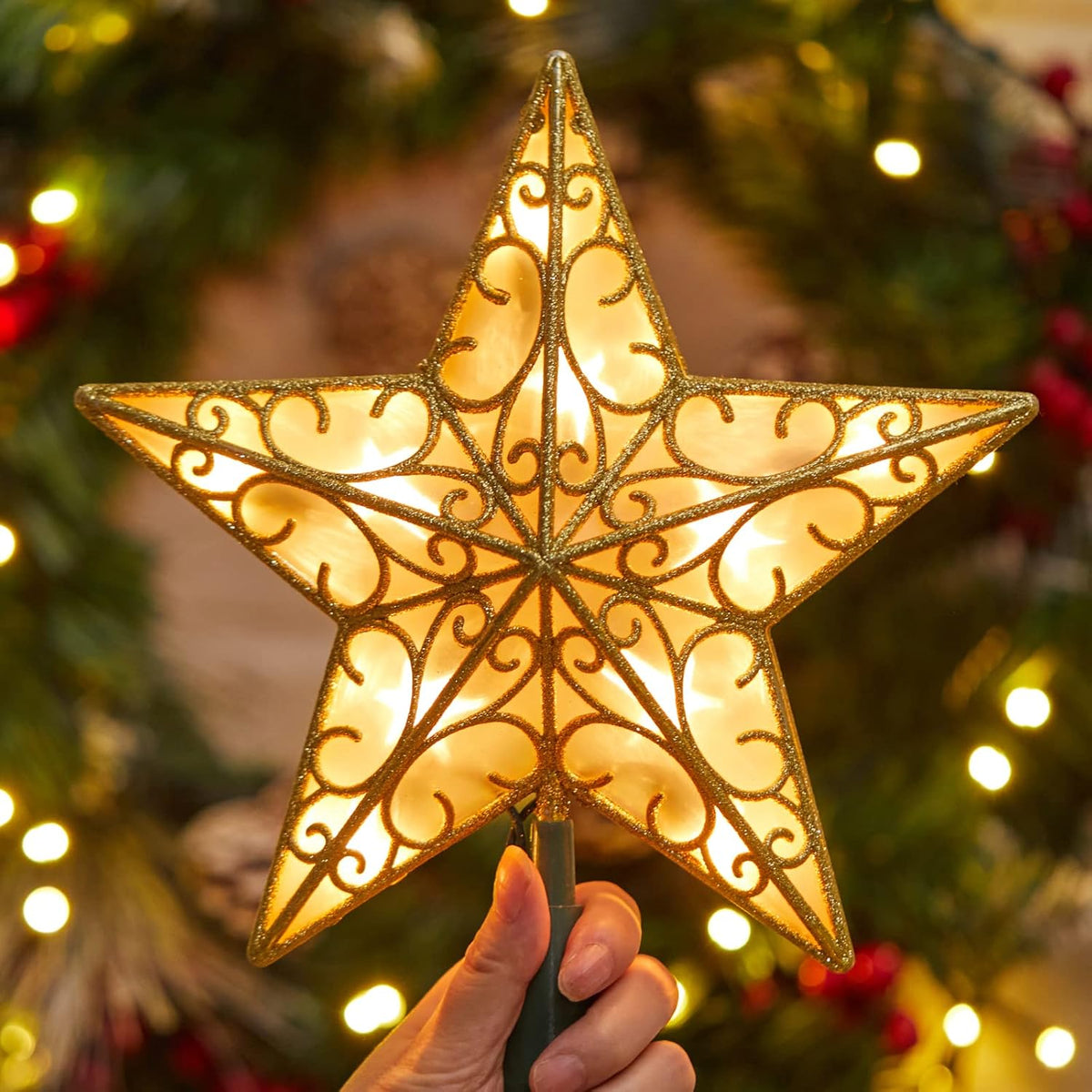 Christmas Star Tree Topper, 9.5 in Plug in Golden Glittered 3D Star Tree Topper, Metal Hollow Designed Built-in 10 Bulbs String Lights for Indoor Office Christmas New Year Holiday Tree Decoration