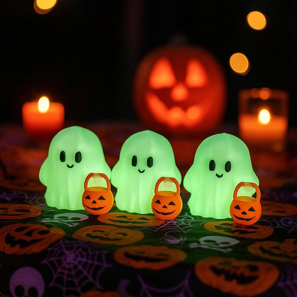 Halloween Ghost Figurine, Funny Glow in The Dark Spooky Resin Ghost with Pumpkin Basket Statue, Cute Decor for Halloween Decorations Indoor, Porch Indoor Home Decor Gifts