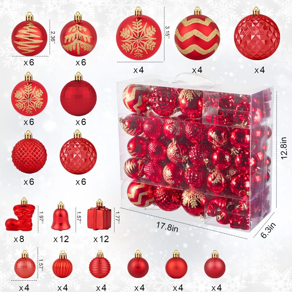 116Pcs Red Christmas Ball Ornaments Set, Shatterproof Christmas Hanging Decoration Set with Gift Box, Assorted Decorative Baubles Set for Xmas Tree/Home/Wedding/Party/Holiday (Red)
