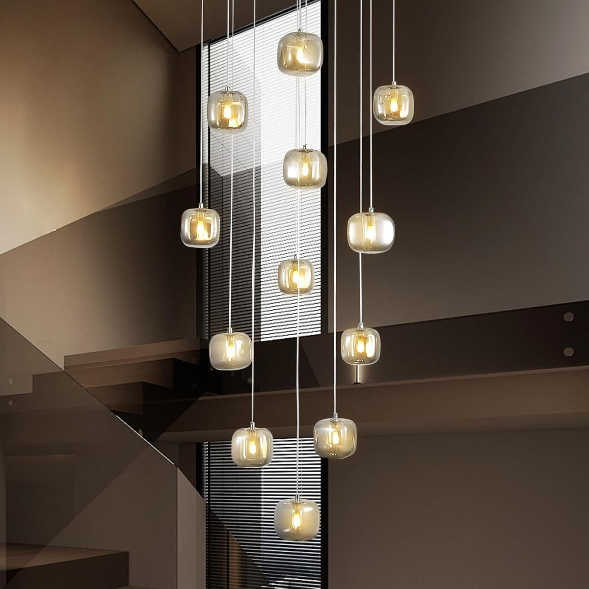 Flush Mount Chandelier,Crystal Pendant Light with 12 G9 LED Bulbs,Chandelier Hanging Flush Mount Lighting Fixtures for Spiral Staircase,Foyer,Entryway,Living Room(12 Lights,3000K)