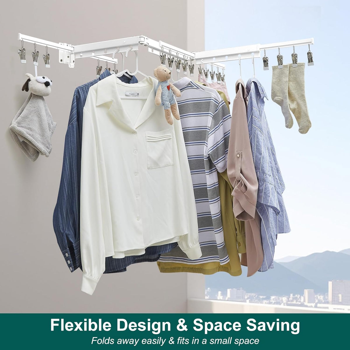 Hoimpro White 51" Clothes Drying Rack Retractable Foldable Wall Mounted, Tri-Fold Space Saving Collapsible for Hanging Clothing Coat, Ideal for Patio, Laundry Room Organization and Storage, Bathroom