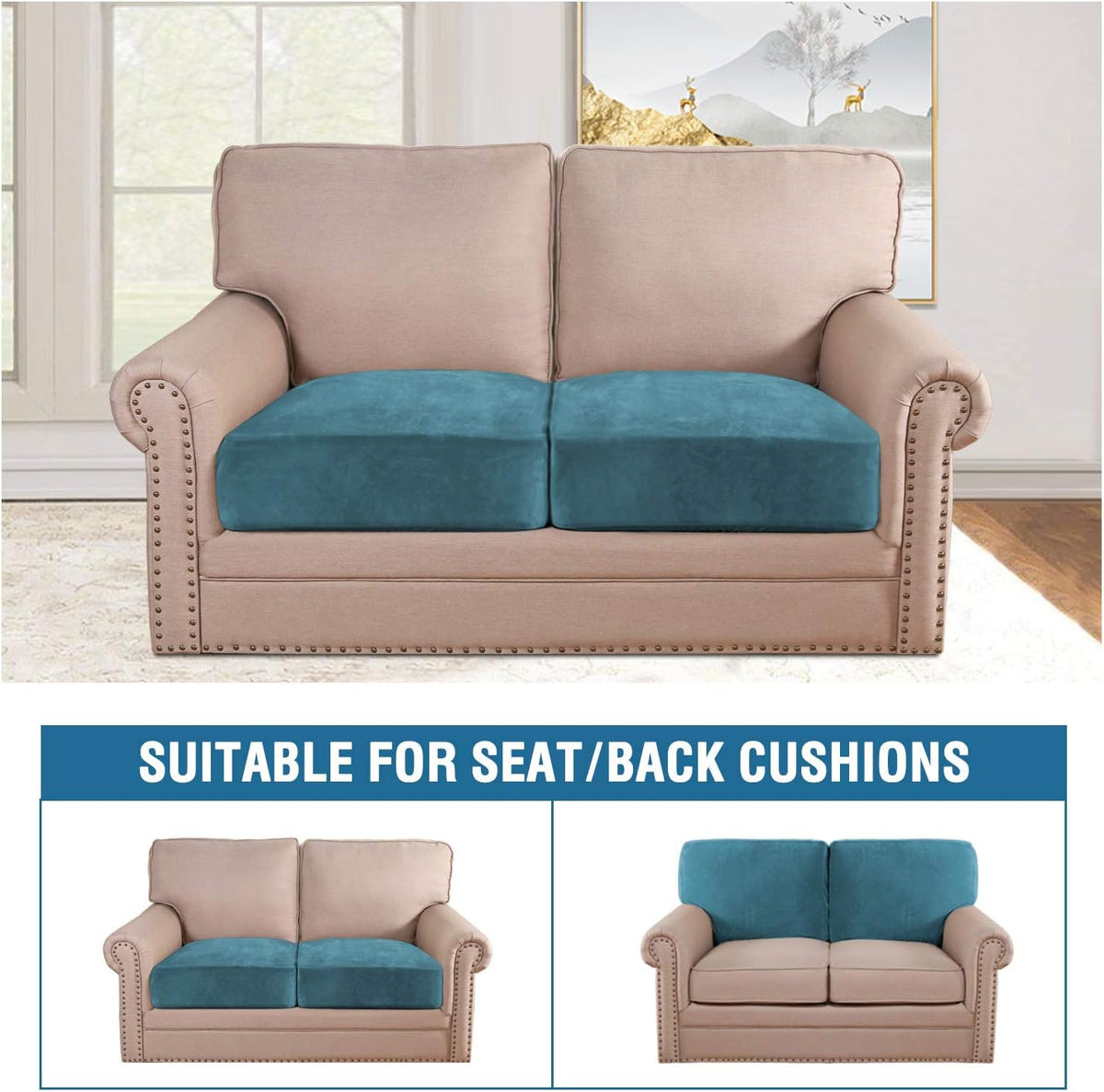 H.VERSAILTEX Velvet Stretch Couch Cushion Cover Plush Cushion Slipcover for Chair Loveseat Sofa Cushion Furniture Protector Seat Cushion Sofa Cover (2 Piece Medium Sofa Cushion Covers, Peacock Blue)
