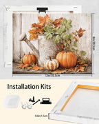 Autumn Pumpkin and Watering Can Canvas Wall Art, Rustic Fall Leaves Print Farmhouse Picture for Thanksgiving Decorations, Fall Wall Art Decor Ready to Hang