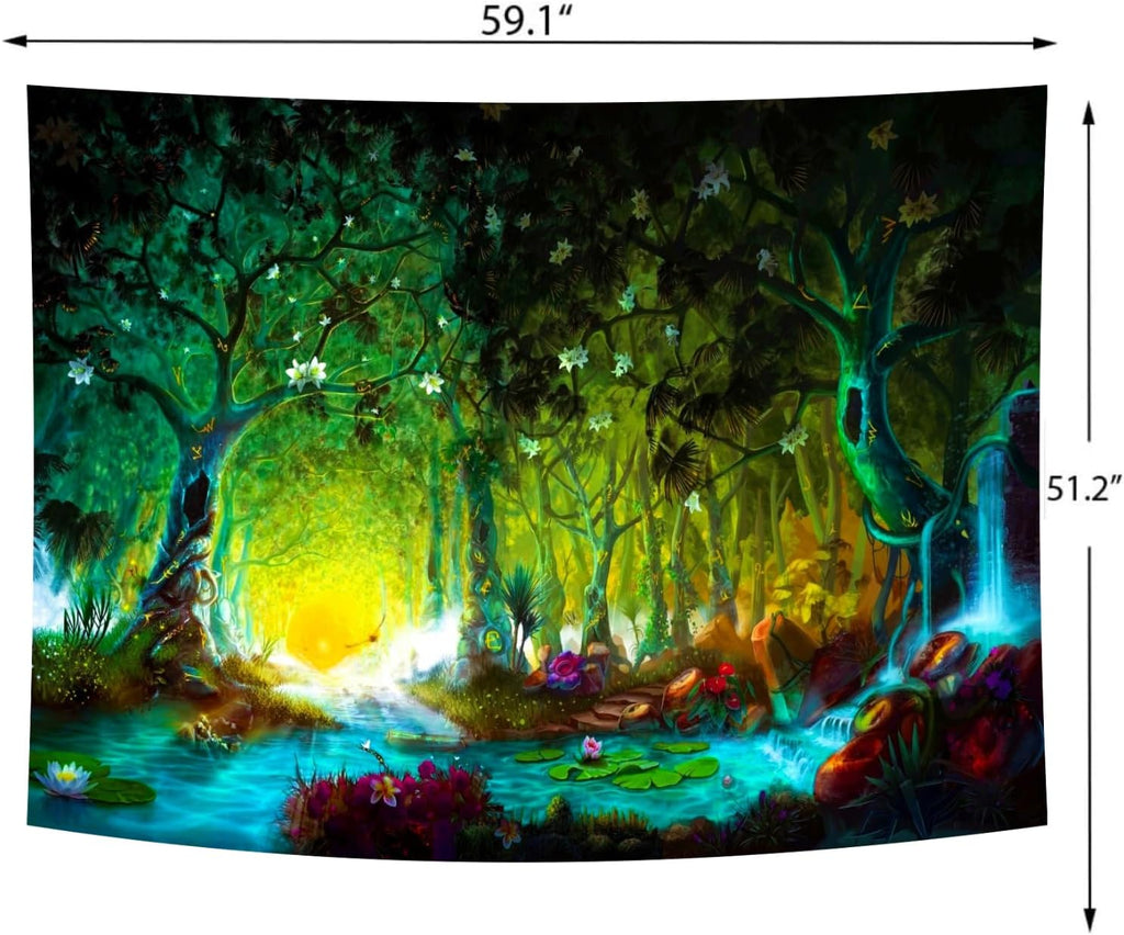 Delur Fantasy Forest Tapestry Mystical River Enchanted Magical Fairy Tale Tree Tapestry Sunrise Landscape Sunset Nature Psychedelic Wall Hanging Headboard for Bedroom Living Room Home Decor (51.2" x 59.1")