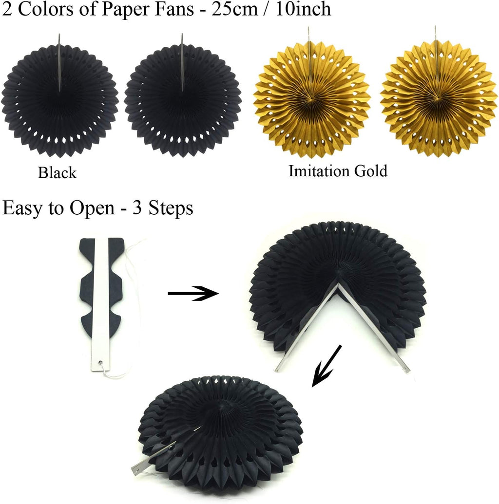 ZERODECO Party Decoration, 21 Pcs Black and Gold Hanging Paper Fans, Pom Poms Flowers, Garlands String Polka Dot and Triangle Bunting Flags for Birthday Parties Wedding Décor, Table & Wall Decorations