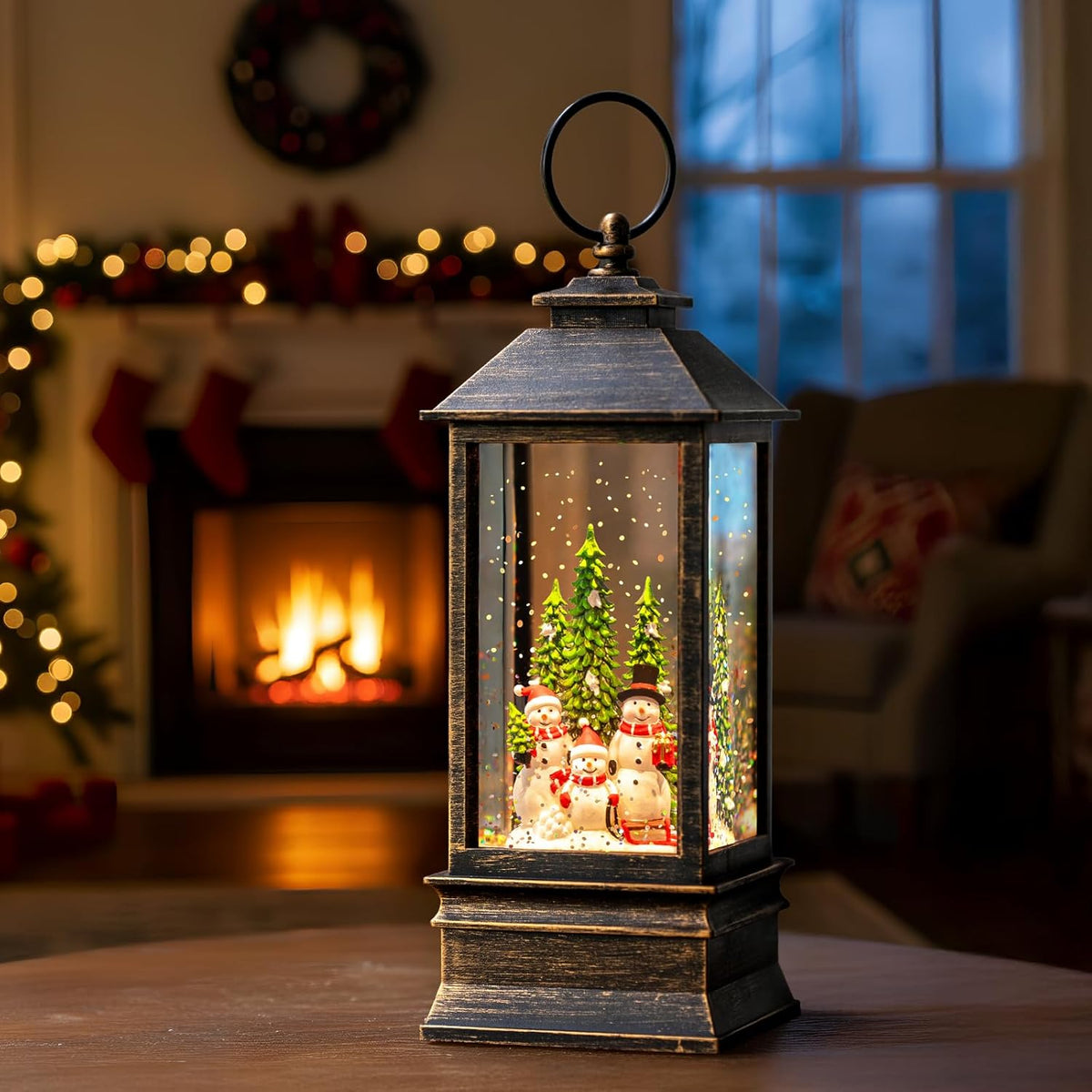 10'' Musical Snow Globe Lantern Lighted Snowman Family Water Lantern Swirling Glittering Home Decoration and Gift, Battery Operated or USB Powered