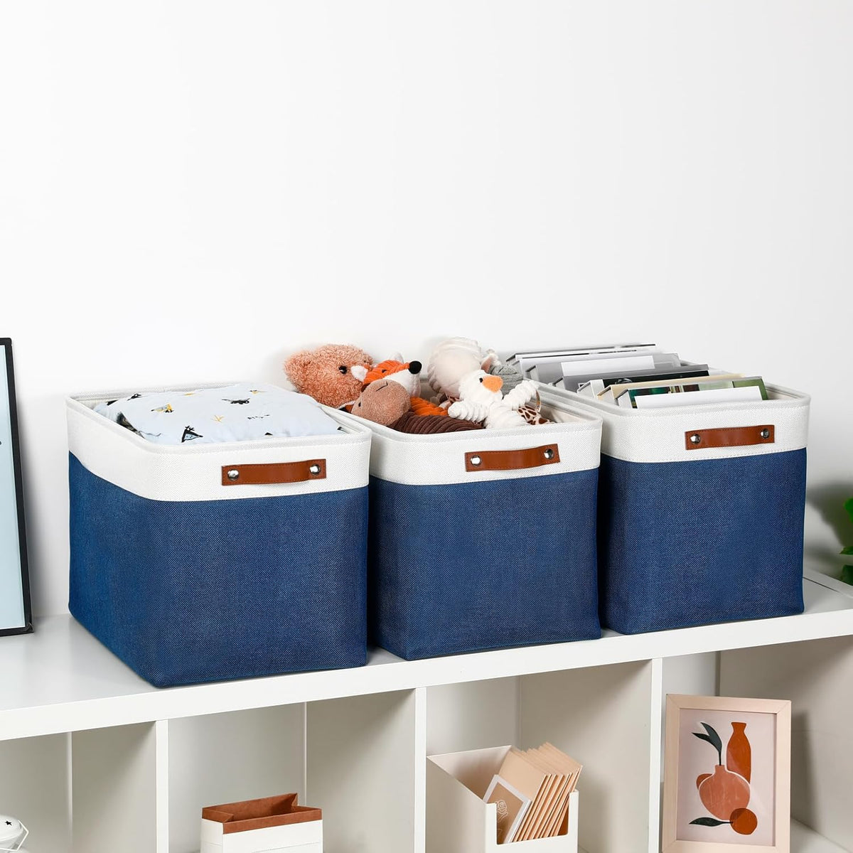 DULLEMELO Large Storage Baskets with Leather Handles for Linen Closet and Home Office, Decorative Baskets for Toys Storage (White & Blue)