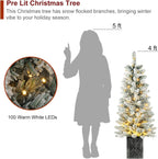 Set of 2 Christmas Trees with Lights 4-FT Artificial Potted Porch Snow Flocked Christmas Tree Battery Powered with 8 Modes and Timer for Indoor Outdoor