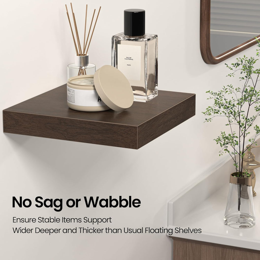 Square Floating Shelves for Wall, 12" W x 12" D x 1.2" H, Small Wooden Wall Mounted Display Shelves with Invisible Brackets for Living Room, Bedroom, Bathroom, Kitchen Decor, Set of 3, Walnut