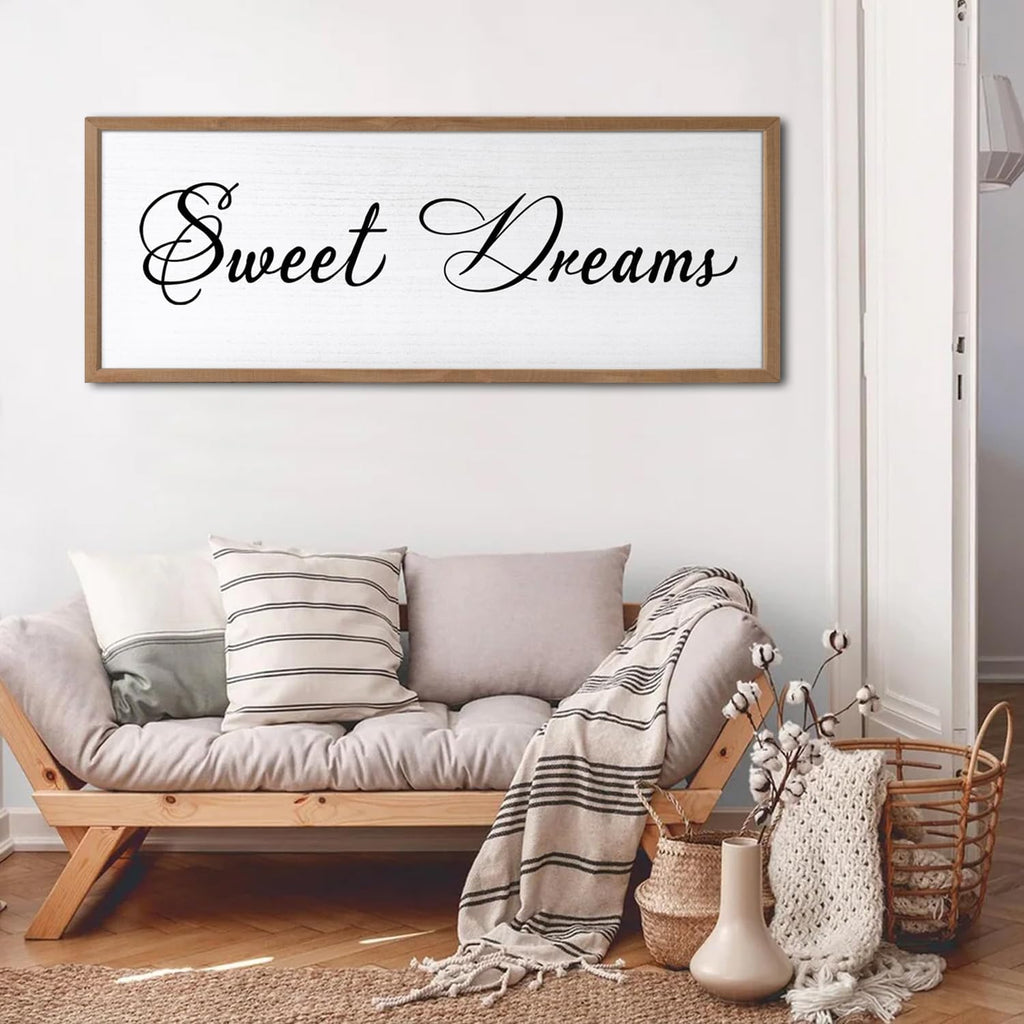 Sweet Dreams Wall Decor Above Bed 32x12 Inch Large Master Bedroom Hanging Wood Rustic Framed Farmhouse Sweet Dreams Sign Guest Room Aesthetic And Minimalist Over Bed Wall Art（Wood White）