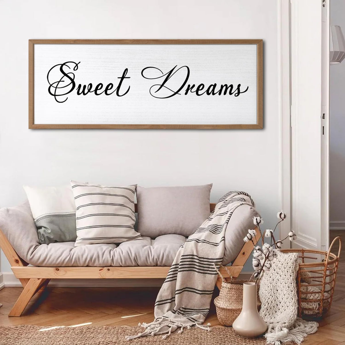 Sweet Dreams Wall Decor Above Bed 32x12 Inch Large Master Bedroom Hanging Wood Rustic Framed Farmhouse Sweet Dreams Sign Guest Room Aesthetic And Minimalist Over Bed Wall Art（Wood White）