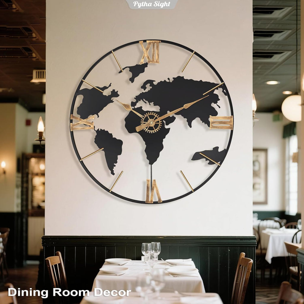 24 Inch Large Wall Clock,Modern Decorative Big World Map with Vintage Gold Roman Numeral Extra Giant Metal Oversized Wall Clocks for Living Room,Office,Kitchen,Dining Room,Bedroom
