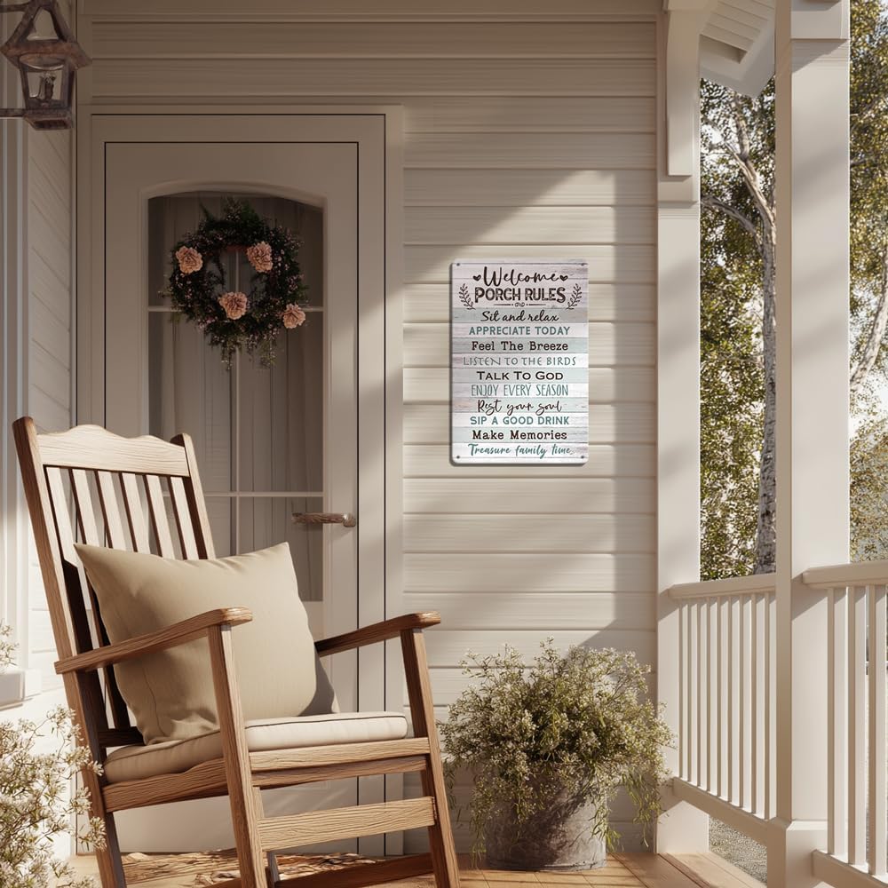 Heuhuww Heuhuww Welcome Porch Rules Tin Sign,Vintage Patio Wall Art Decor,Outdoor Rustic Farmhouse Home Patio Backyard Decor12" x 8"(H20)