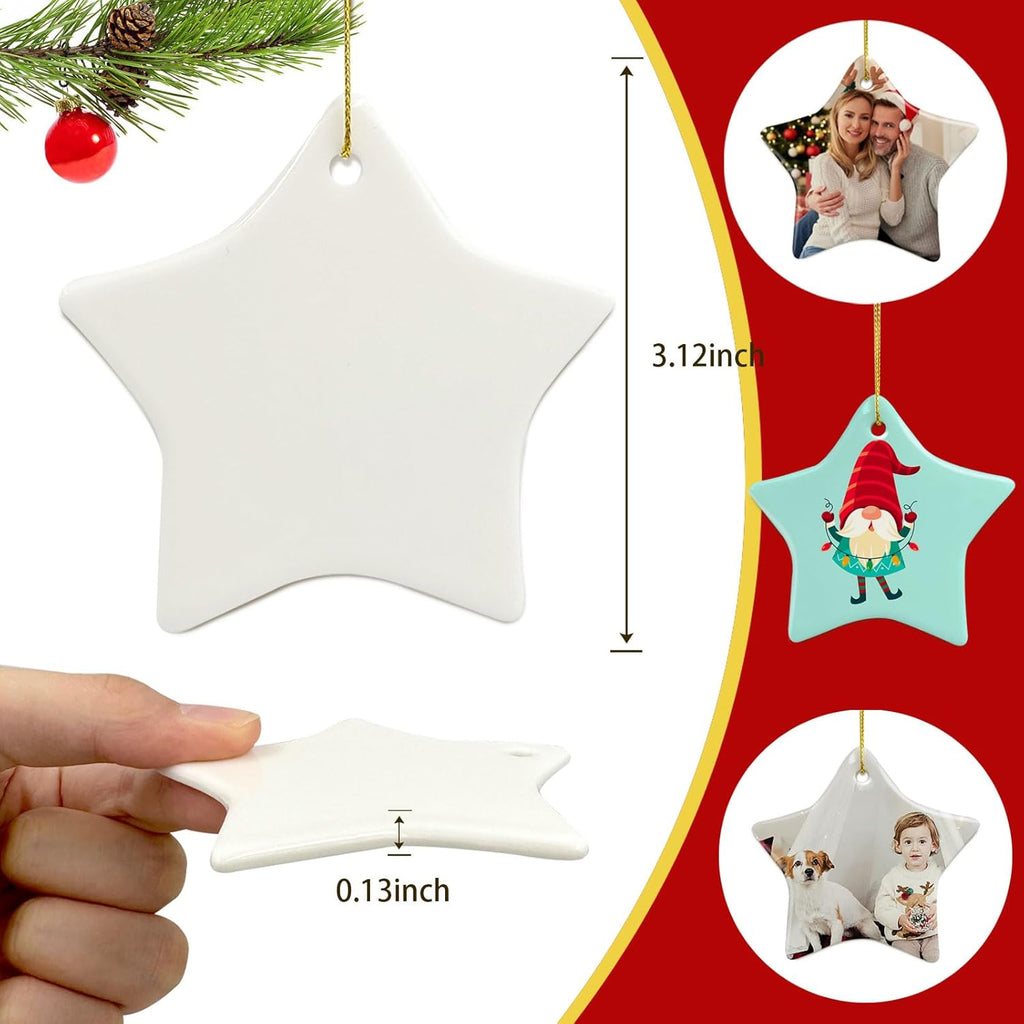Sublimation Ceramic Ornament Blanks - Bulk White Porcelain Ornament for Heat Press Printing - Personalized Christmas Decoration Supplies (12 Stars)