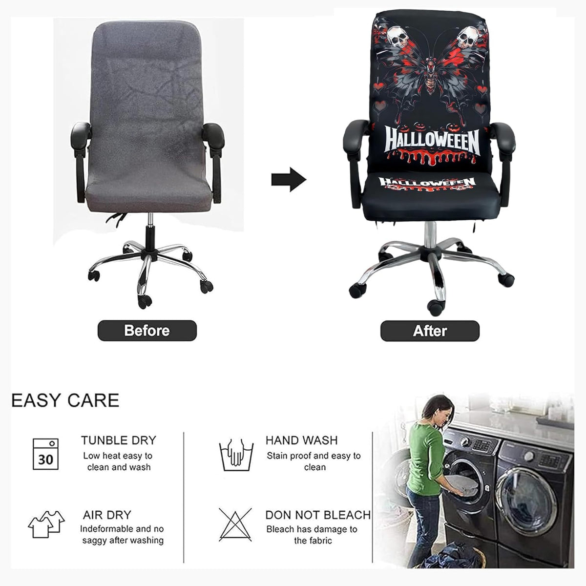 Halloween Office Chair CoversHorror Bloody Handprints Footprints on White Horror Theme Print Stretchable Slipcover for Modern Simplism Style High Back Boss Chair(No Chair) (Halloween08, L)…