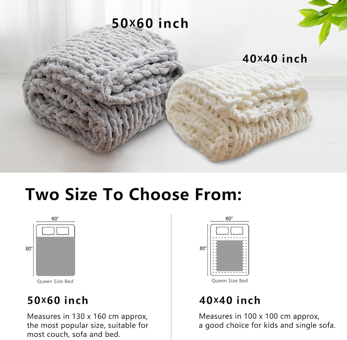 WESHIONGOO Chunky Knit Blanket Throw 40"×40" Knitted Throw Blankets for Couch Bed Fluffy Soft Blanket with Jumbo Chenille Yarn Thick 100% Handmade (Linen)