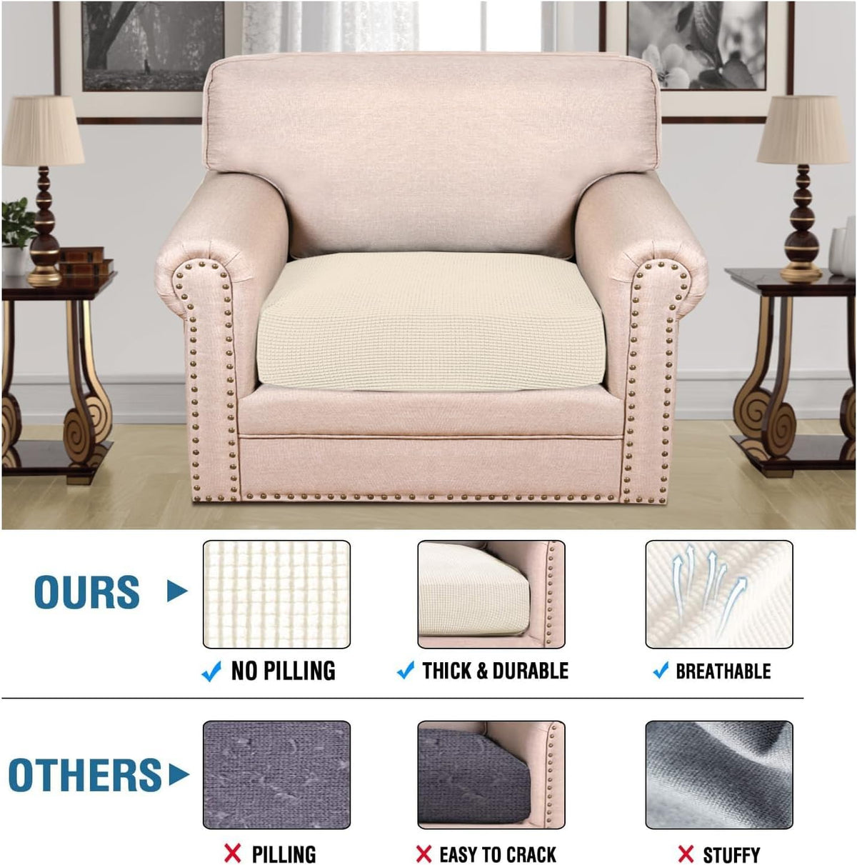 H.VERSAILTEX Super Stretch Individual Seat Cushion Covers Sofa Covers Couch Cushion Covers Slipcover Sets Thick Jacquard Textured Twill Fabric (1 Piece Chair Cushion Cover, Natural)