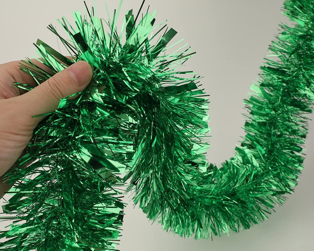 25 ft Long Roll Green Tinsel Twist Garland, Shiny Metallic Foil Decorations for Parade Floats, Halloween, Christmas Eve, New Year Parties (4" x 25' roll, Green)