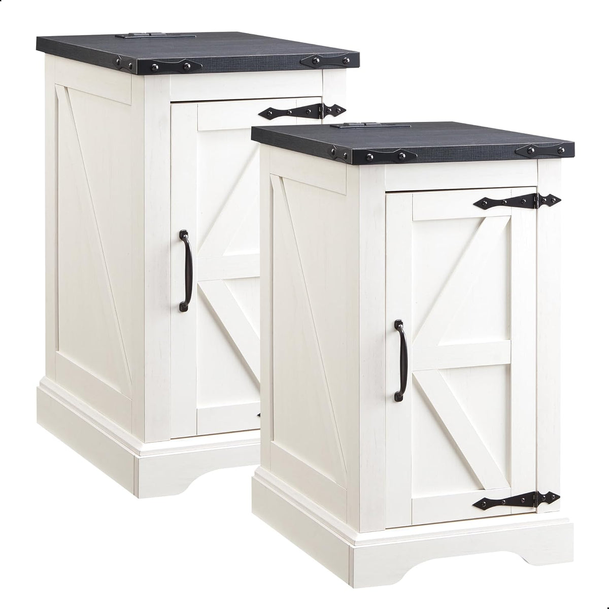 JXQTLINGMU Farmhouse Nightstand Set of 2 with Charging Station, 17" D Rectangular End Table with Barn Door & Adjustable Storage Shelf, Wood Rustic Sofa Side Table for Living Room, Bedroom, White