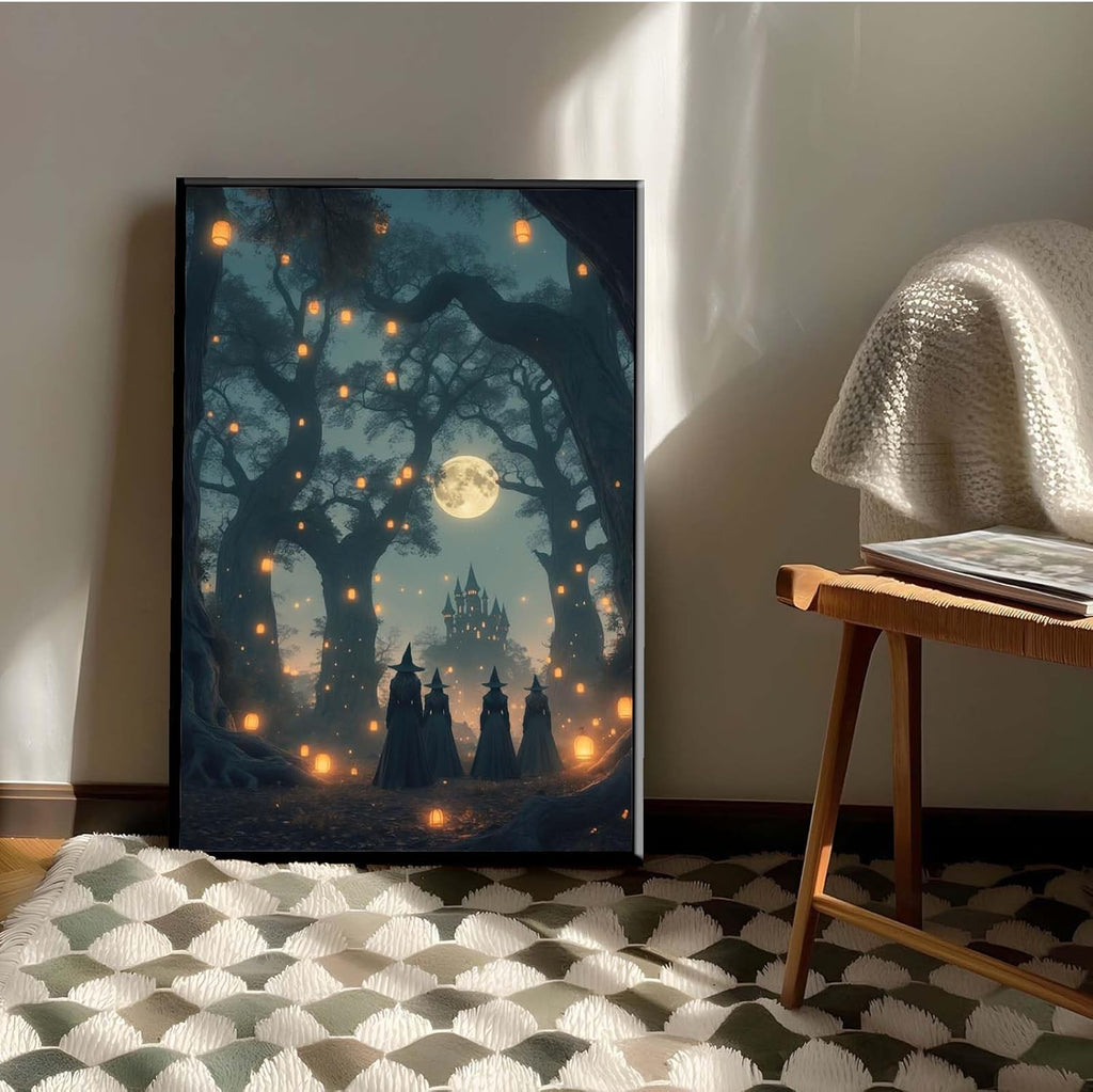 JFHCQJPK Mysterious creek painting witch and castle in magic forest art print canvas gothic print dark college decoration poster for home bedroom24x36in Metal blackFramed
