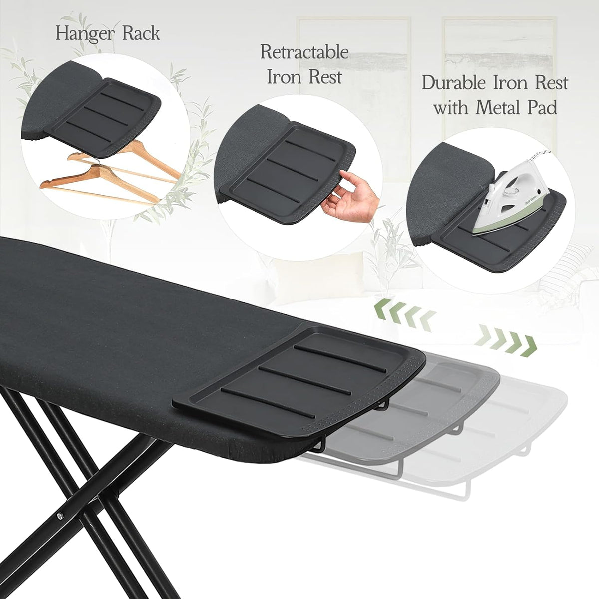 Ironing Board 48x15, Wide Heavy Duty Full Size Iron Board with Retractable Iron Rest, BlissBoard Sturdy Frame with Ultra Thick Padding, Heat-Resistant Cover, Height-Adjustable