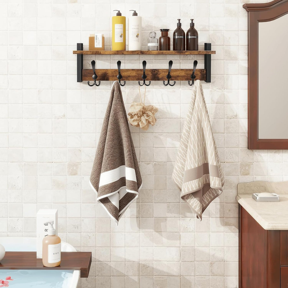 Homode Rustic Brown Wall Mount Coat Rack with Shelf and 5 Tri Hooks, Wood Coat Hangers for Hanging Hat, Towel, Purse, Jacket