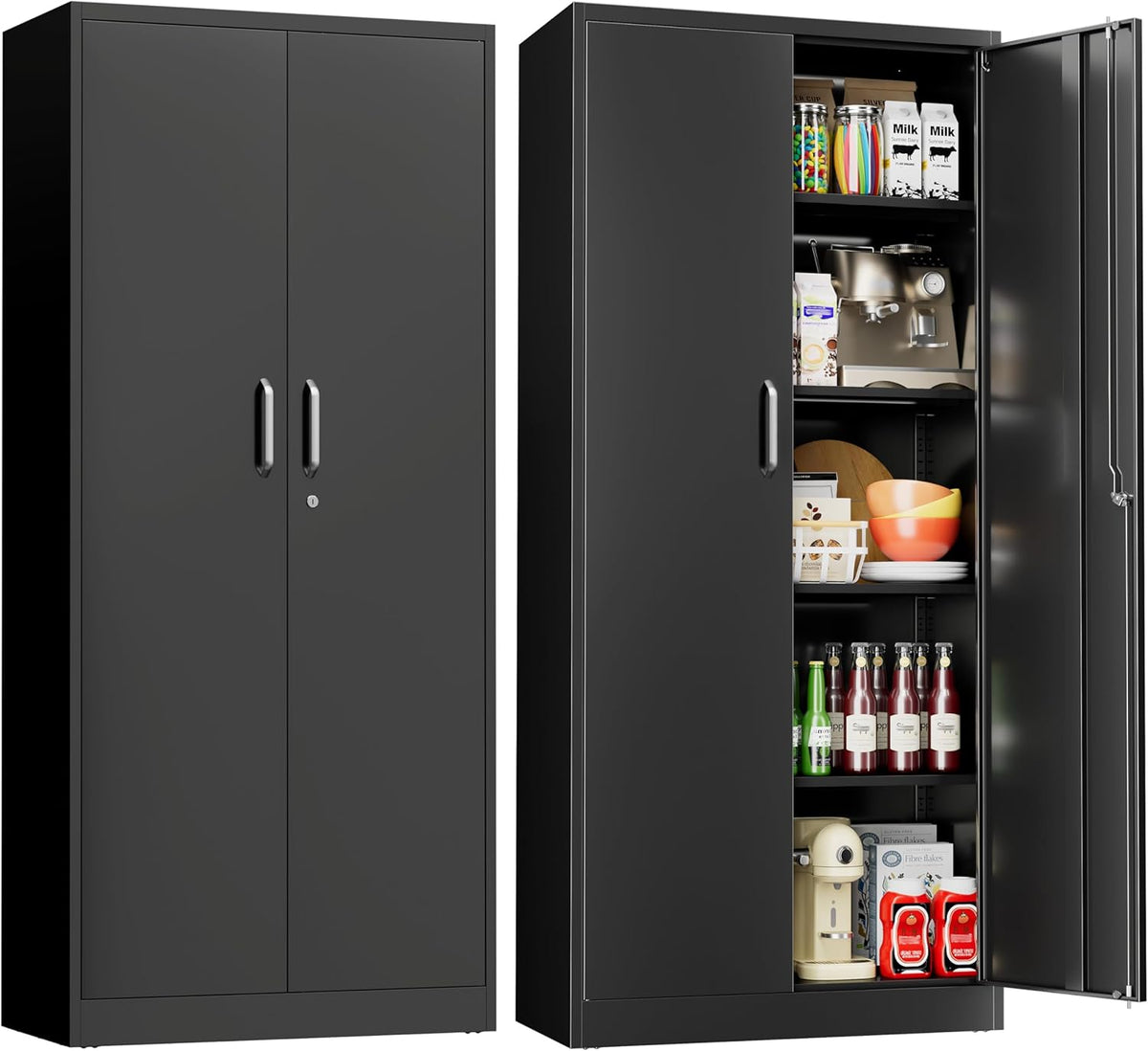 71" Garage Storage Cabinets with Lock, Cabinets with Doors and Shelves, Kitchen Pantry Cabinet, Metal Cabinet for Office, Garage, Shop, School, Assemble Required, Black