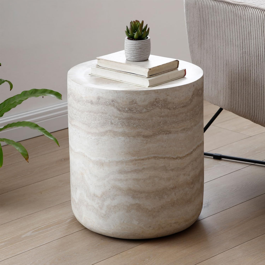Faux Marble Coffee Table, Modern Round Coffee Table for Living Room, Circle Drum Coffee Side Tables, Fiberglass Center End Table for Small Place Apartment Office (15.74" Marble)