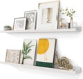 Solid Ash Wood Picture Ledge Shelf, Wood Floating Shelves Set of 2, 48 Inch Long Large Photo Ledge Shelves, Nursery Book Shelves Wall Mounted for Living Room Kids' Bedroom Decor, White