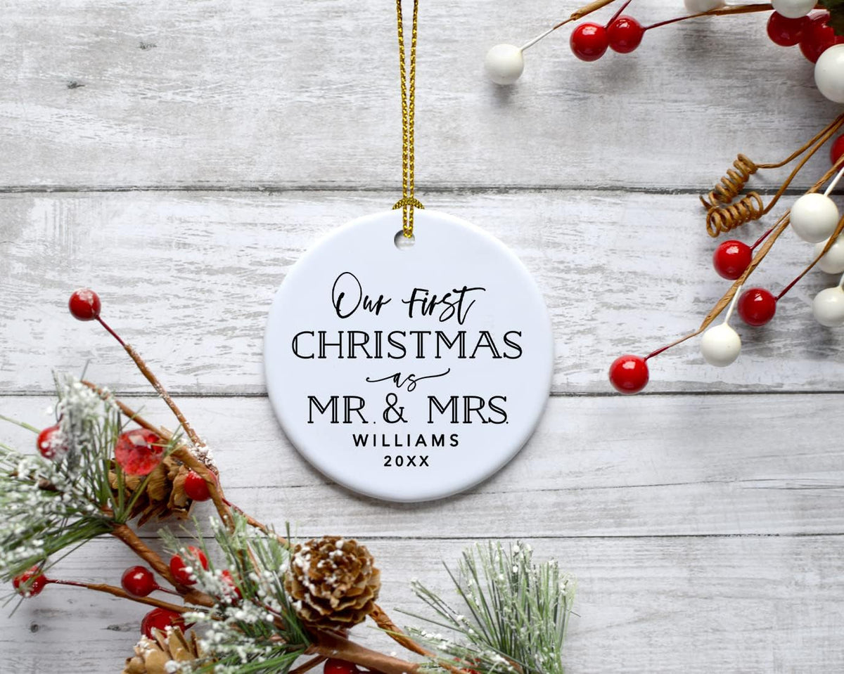 Andaz Press Personalized Our First Christmas As Mr. & Mrs. 2024 Christmas Ornaments Modern Black and White 2.8" Round Porcelain Ceramic 1st Year Married Custom Ornament Keepsake for Newlyweds 1-Pack