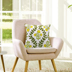 Alysheer Floral Embroidered Summer Decorative Throw Pillow Cover 18"x 18" Set of 2, Farmhouse Cottage Yellow Flower Green Leaves Patterned Cotton Cushion Case for Couch Bed Living Room Outdoor Decor