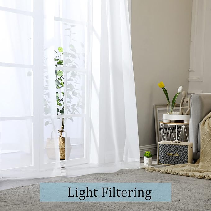 White Sheer Curtains, 45 inches Long, 2 Panels, Rod Pocket, Light Filtering - Image 2