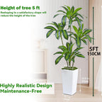 Artificial Dracaena Tree Artificial Silk Tree Faux Tree Fake Tropical Yucca Floor Plant with White Tall Planter (1, White Tall Planter, 5FT)