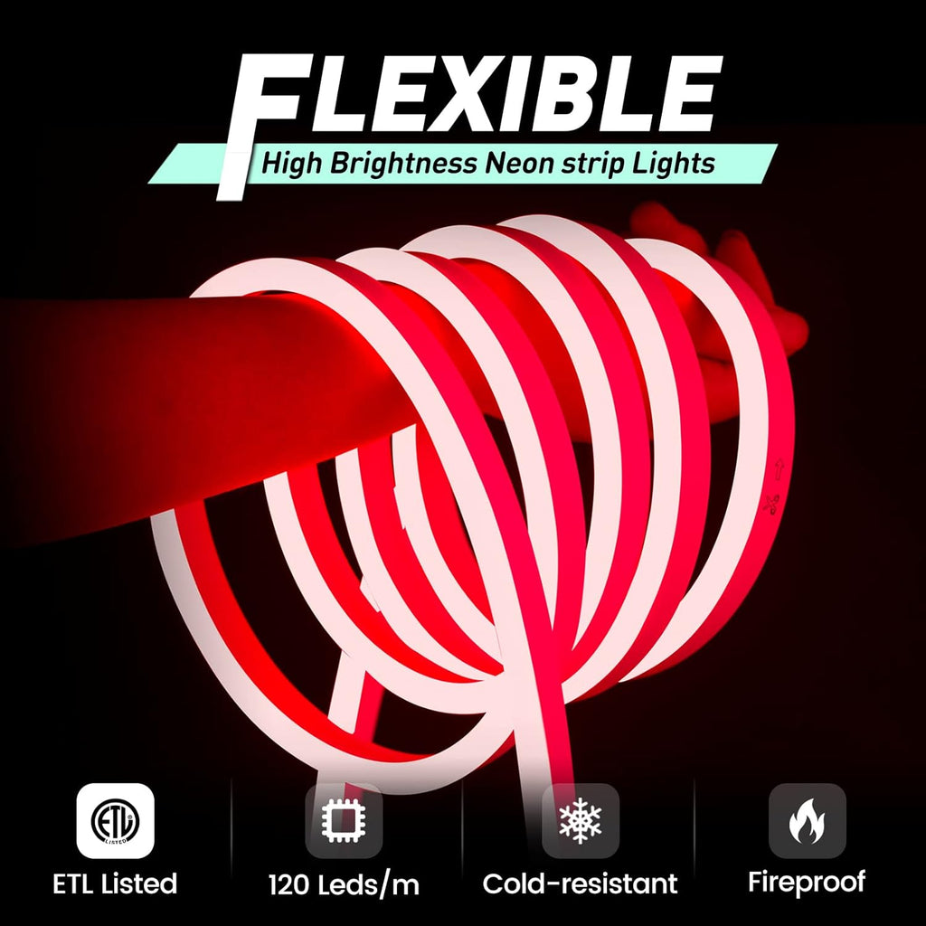 GZBtech Flexible LED Neon Rope Lights 16.4FT,AC 110-120V Waterproof Strip Light, 120LEDs/M Cuttable Connectable Neon Lighting for Indoor Outdoor Home Decor/Commercial Building Use-Red 5M