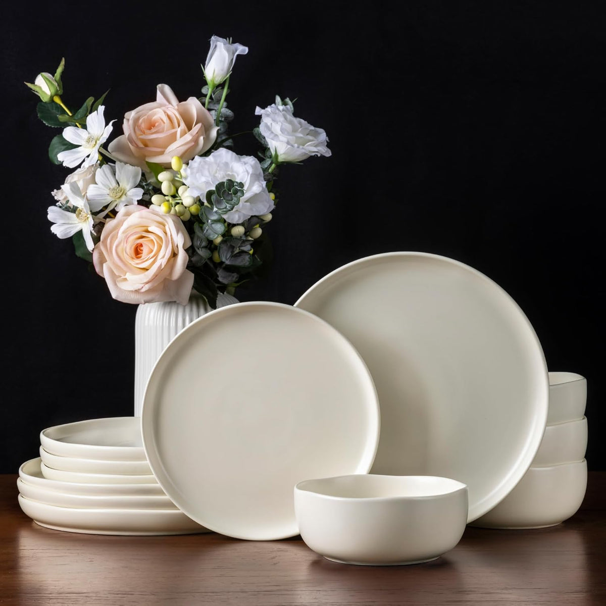 AmorArc Stoneware Dinnerware Sets, Wavy Rim Ceramic Plates and Bowls Sets, Highly Chip and Crack Resistant | Dishwasher & Microwave & Oven Safe Dishes set, Service for 8 (24pc)