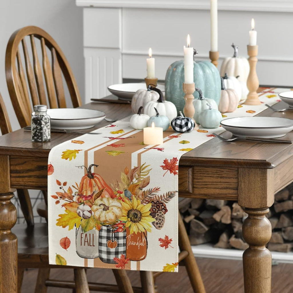 Artoid Mode Thankful Fall Pumpkin Leaves Floral Vases Table Runner, Autumn Thanksgiving Kitchen Dining Table Decoration for Home Party Decor 13x48 Inch