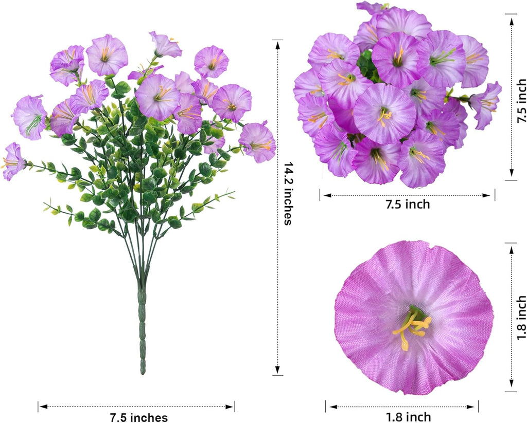 Artificial Flowers for Outdoors Fake Plants Outside Decoration, 12 Bundles Silk Purple Morning Glory UV Resistant Look Real Faux Flowers for Planter Front Door Porch Patio Yard Gardens Home