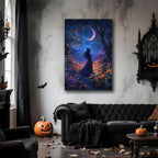 Vintage Halloween Witch Decor Mystic Gothic Wall Art Poster,Enchanting Witch Fall Whimsical Wildflowers Woodland Forest Crescent Moon Picture Art,Creepy Witchy Home Decor,16"x24" Framed
