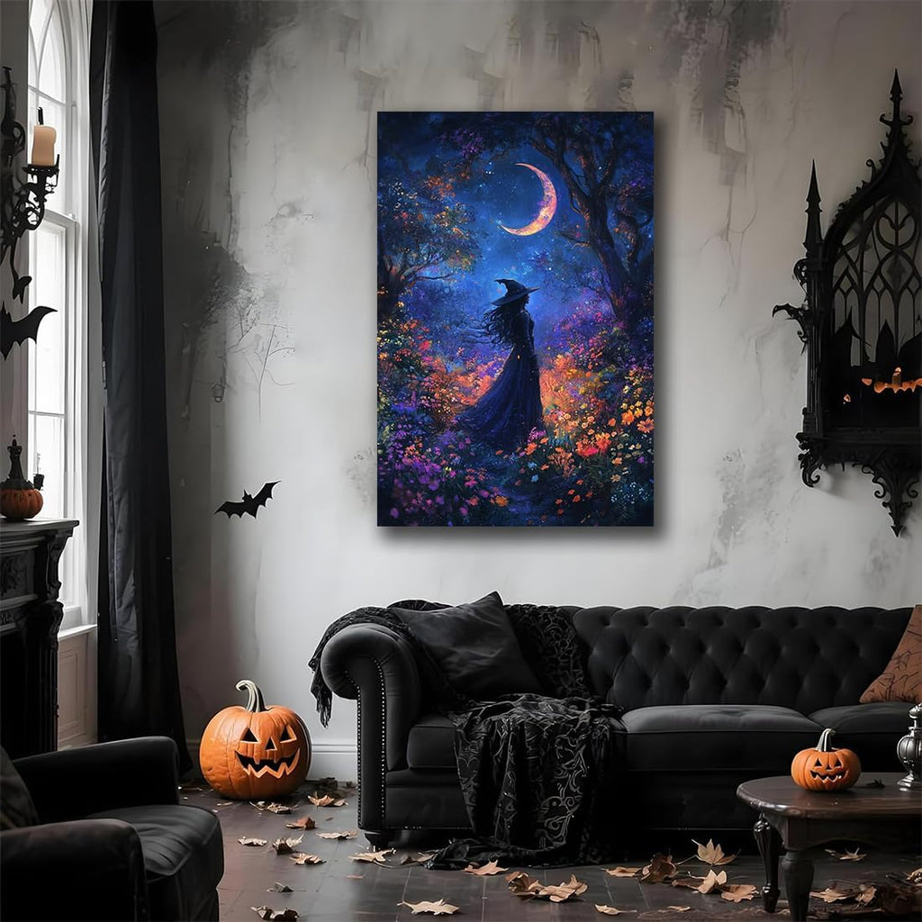 Vintage Halloween Witch Decor Mystic Gothic Wall Art Poster,Enchanting Witch Fall Whimsical Wildflowers Woodland Forest Crescent Moon Picture Art,Creepy Witchy Home Decor,12"x18" Framed